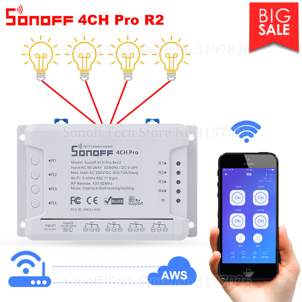 Itead Sonoff 4CH Pro R2/R3 Wifi Switch 4 Channel Inching Self-Locking Interlock Smart RF Control Remote Switch Work with Alexa