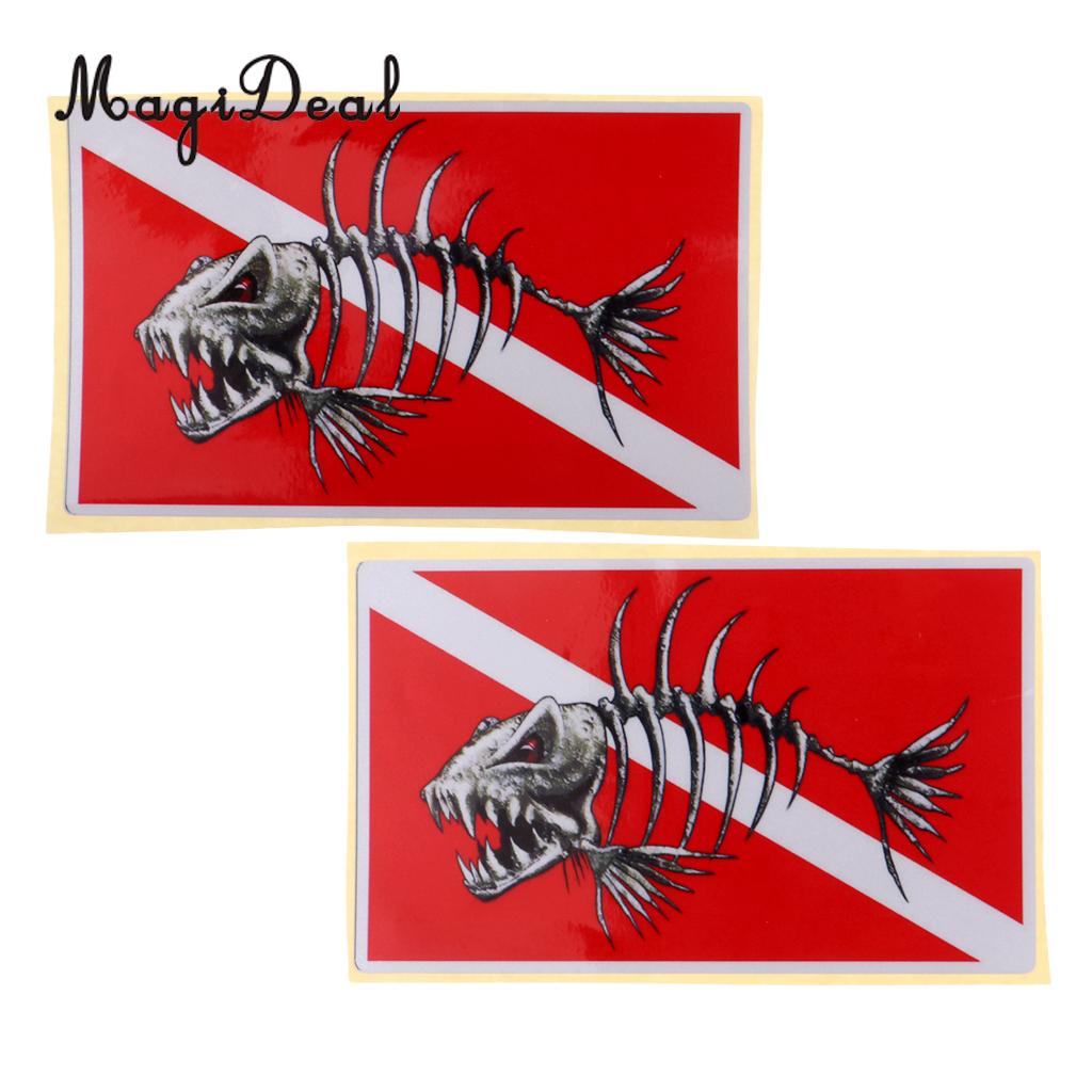 Pack 2 Large Reflective Skull, Diver Down, Fish Skeleton Sticker Decal for Scuba Diving, Snorkeling, Spearfishing, Freediving: Fish Skeleton
