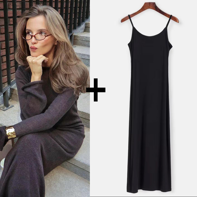 Forår efterår o-hals elastisk strik lange kjoler kvinder chic blød dame udhulende sweaterkjoler femme: Brun
