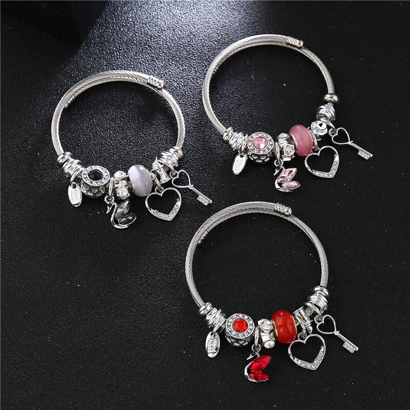 Crystal Swan Stainless Steel Bangles For Women Jewelry DIY Rhinestone Hollow Key Heart Love Cuff Bracelet Bangle