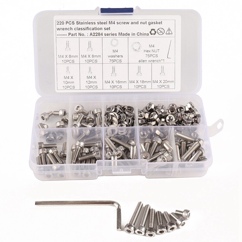 220 PCS Boxed 304 Stainless Steel Screw Kit M4 Hexagon Socket Head Screw Wrench Combination