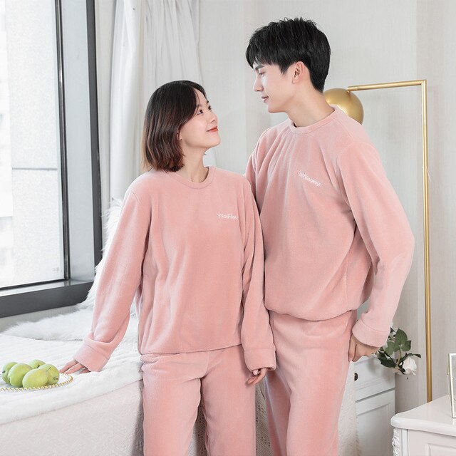 Pyjamas til par sæt tyk varm koral fleece homewear vinter lounge herretøj blød løst pyjamas kvinder hjemmetøj jakkesæt: Lyserød / Mænd (65-80kg)