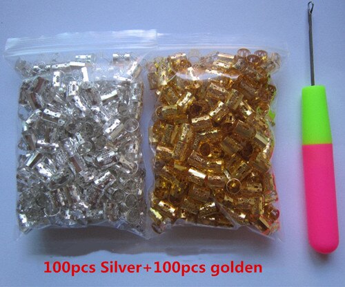 200Pcs/Lot hair braid dread dreadlock beads diy adjustable cuffs clips for women men hair accessories+ 1pcs free crochet needle: silver  golden