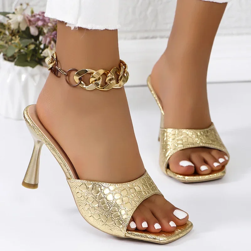 Luxury Gold Silver High Heels Sandals Women Slip On Square Toe Summer Slippers Woman Plus Size 43 Thin Heeled Party Shoes