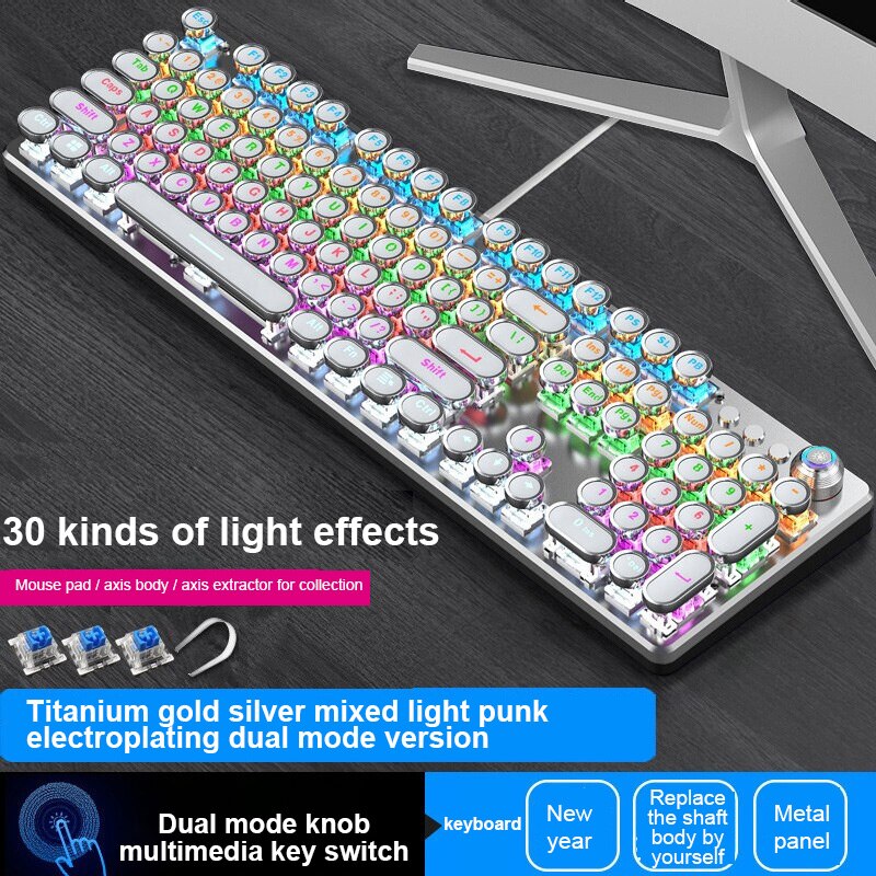 Mechanical Gaming Keyboard Retro Metal Glowing 104 Keys 36 Colorful Lighting Round Keycap Ergonomic Gaming Keyboard: 02