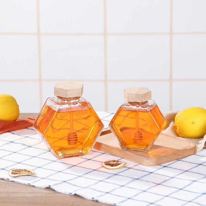Tarro de miel de vidrio para el hogar, Mini envase de miel pequeño con barra de agitación de madera, 220ML/380ML