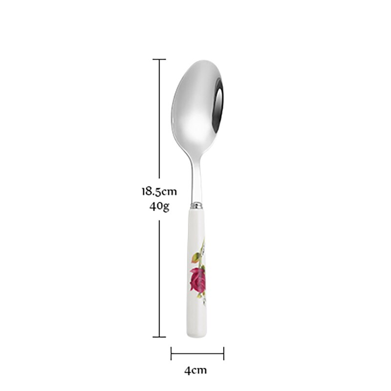 Ceramic Tableware Stainless Steel Cutlery Ceramic Handle Steak Knife Fork Spoon Cake Dessert Dinnerware Rose Flowers Pattern: green
