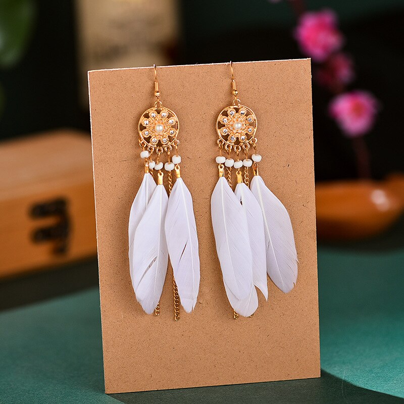 Bohemian Woven Dream Catcher Feather Dangle Earrings for Woman Trendy Boho Long Tassel Earring Wedding Jewelry: E1459-White