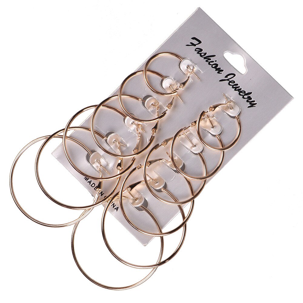 6Pairs/set Steampunk Ear Clip Big Circle Hoop Earrings Women Vintage Brincos Round Earrings Party Jewelry Gold: Gold