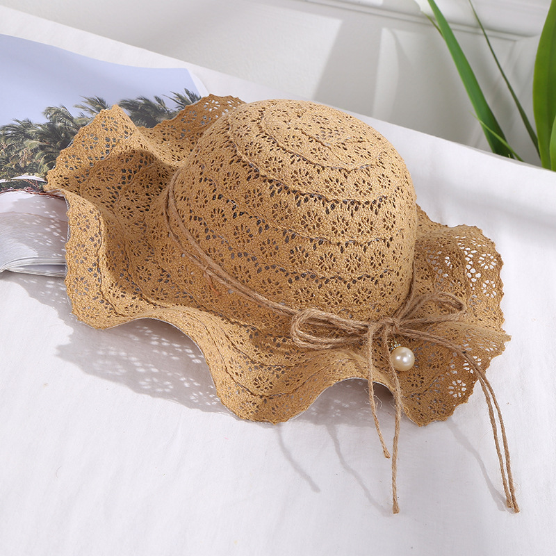 Zomer Baby Meisjes Bloemen Kant Golf Strand Emmer Hoed Kinderen Strand Caps Parel Opvouwbare Zonnescherm Hoed Casual Stro Caps 52 -54 Cm: Khaki