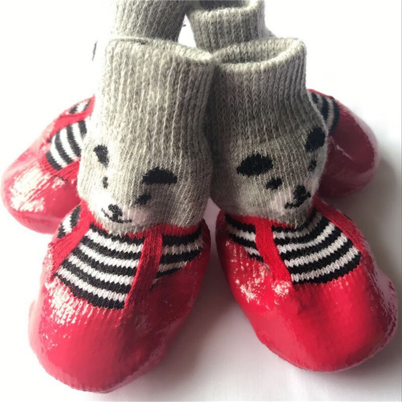 4 Stks/set Sml Size Katoen Rubber Hond Schoenen Waterdicht Antislip Hond Regen Snowboots Sokken schoeisel Voor Puppy Kleine Katten Honden: Rood / M