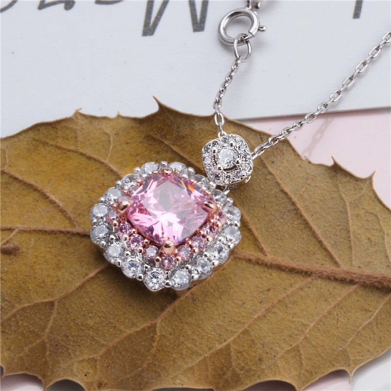 CC Necklaces Pendants For Women 925 Silver Cubic Zirconia Pink/Yellow Square Stone Bridal Wedding Pendant No Chain CCN250