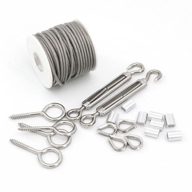 Garden Wire Rope/Outdoor String Light Suspension Kit,15M 3mm Stainless Steel Cable Rope with Clips Tensioner Turnbuckles