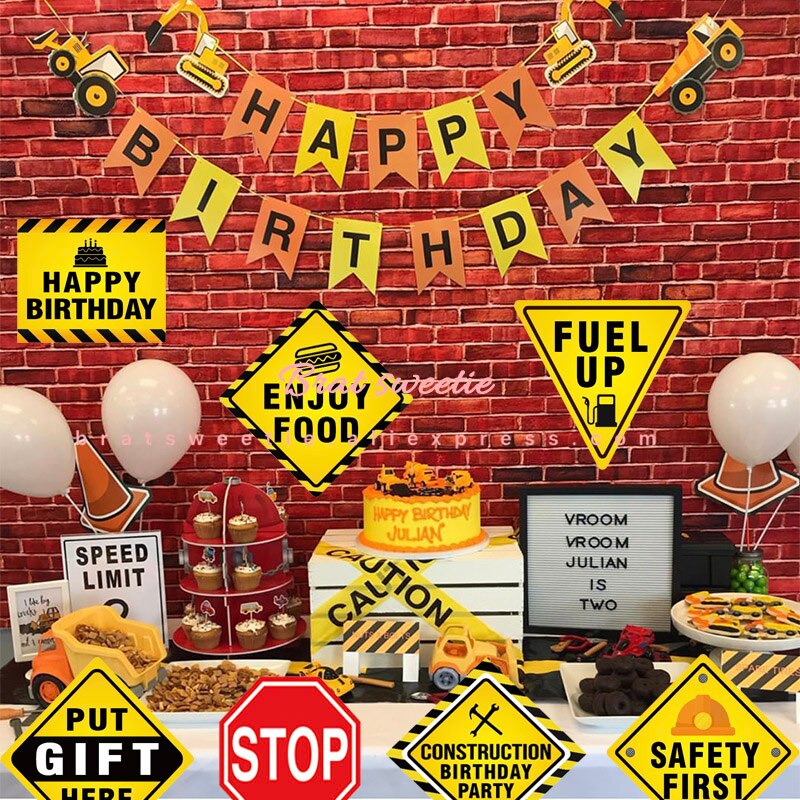 12 unids/set construcción papel de señal señales de tráfico tonto camión chicos tema adornos de feliz cumpleaños niños suministros