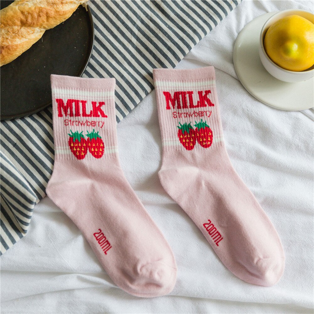 Mignon dessin animé fruits impression avocat banane cerise pêche filles Kawaii chaussettes meias coréen Harajuku broderie Pile tas chaussettes drôles: 6