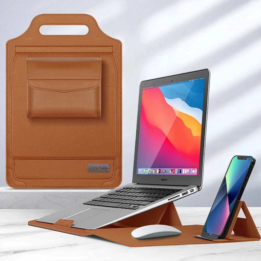 Laptop Sleeve Bag 5 in 1 Laptop Stand Case with Cable Mouse Pad Pouch for MacBook Huawei Matebook 11 12 13.3 13 14 15 Cover: 12.4 / Brown