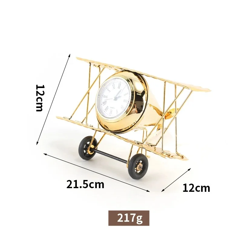 metal wrought iron airplane clock model desktop retro clock photography prop ornament office desktop decoration ornament: DARK GRAY