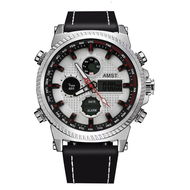 Relojes militares AMST de 50M, Relojes LED con correa de cuero resistente al agua, relojes de cuarzo de lujo de la mejor para hombre, reloj Masculino: silver white face