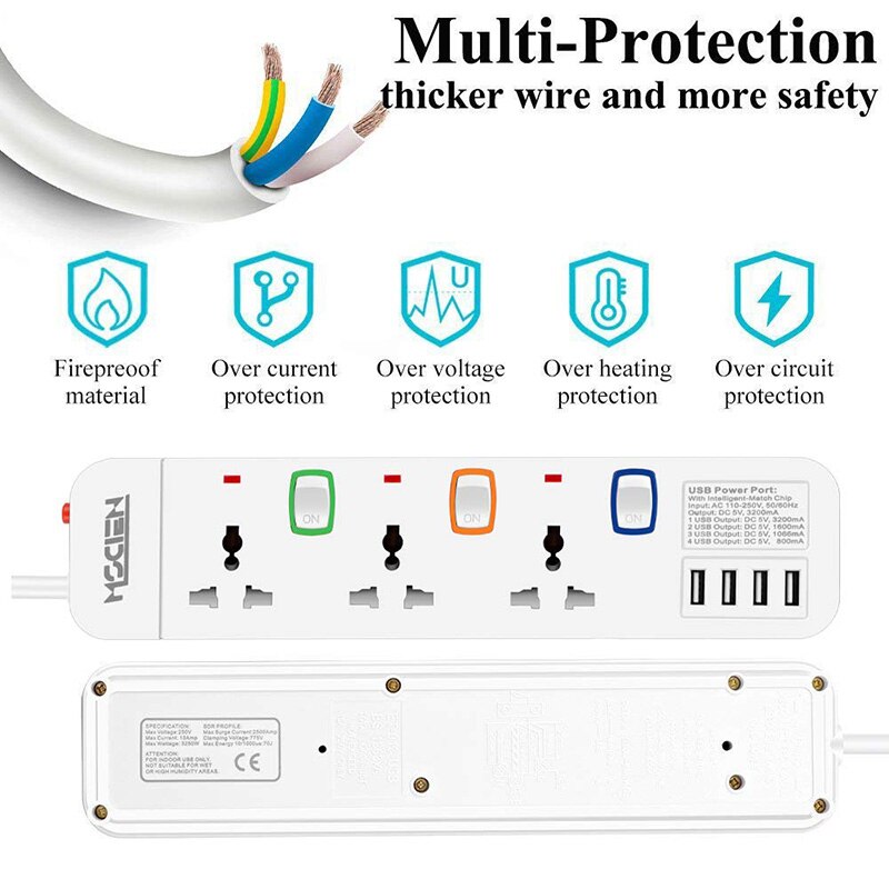 Extension Sockets with USB EU 3 Way Individually Switched Socket 4 USB Ports Surge Protection Power Strip 1.8m White