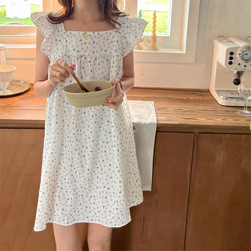 Mouwloze Zomer Nachtjapon Vrouwen Ruches Vierkante Kraag Knielange Koreaanse Kawaii Nachtkleding Japan Katoen Zoete Nacht Jurk