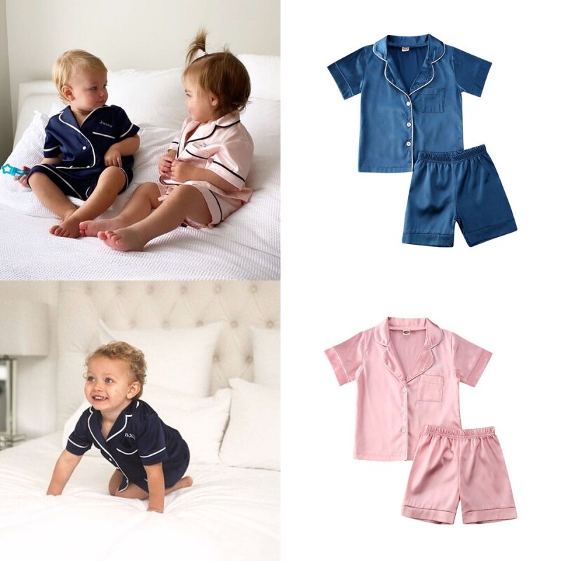 2 pçs crianças pijama da criança do bebê menino menina cetim seda pijamas definir nova camisa de manga curta topo + calças sleepwear verão botão macio