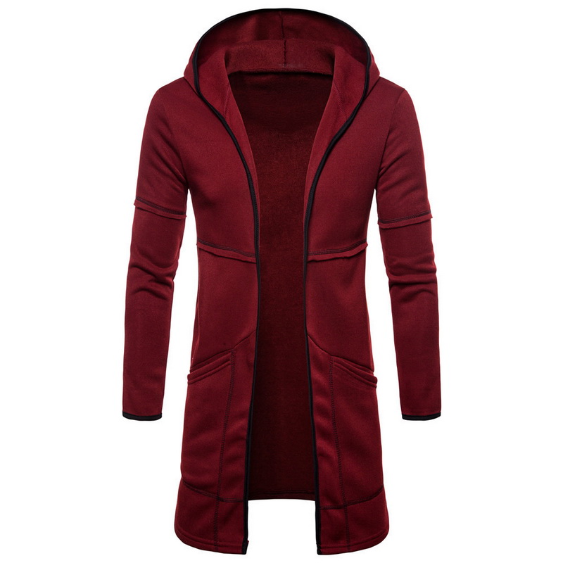 Abrigo cálido con capucha para hombre, gabardina lisa de manga larga hasta la rodilla, sudadera informal con capucha, cárdigan largo extragrande: Borgoña / Sg