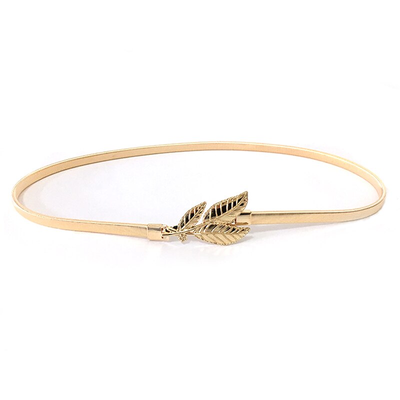 Cinturón de hebilla de metal de hojas de flores para mujer, cinturón de cadena de cintura elástica para mujer, cinturón de mujer fino dorado pasek damski: Gold 70-90cm