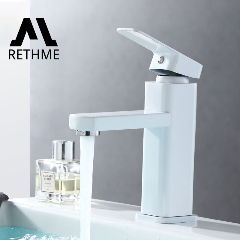 RETHME White Bathroom Sink Faucet Square Basin Faucet & Cold Water Mixed Water Faucet Vanity Tap Deck Mounted Washbasin Tap
