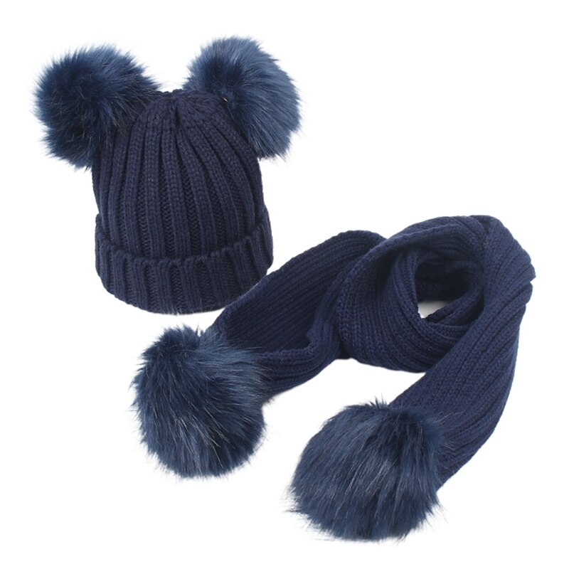 Småbarn barn vinter varm ribbad stickad mössa med lång halsduk set enfärgad söt dubbel pom pom öron manschett skalle mössa: Marin