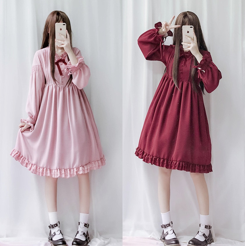 Lolita klänning söt söt puffärm japansk kawaii flickor prinsessa hembiträde vintage lös kvinnor op dress rosett rund krage