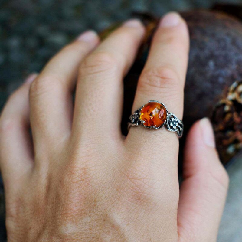 Luxe Ingelegd Amber Ring Puur Zilver Koppels Holle Bloem Wijnstok Edelsteen Vintage Mode-sieraden Vrouwen Mannen