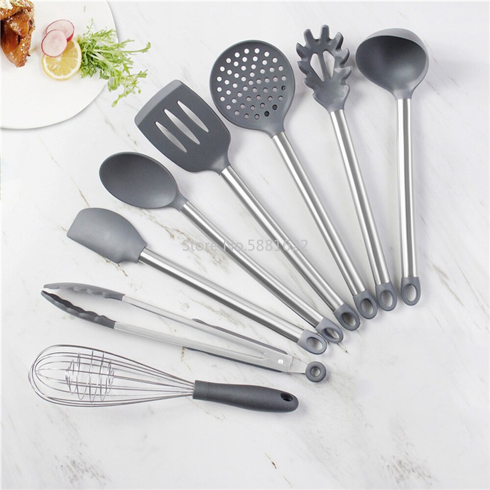 Gray Silicone Kitchen Set 8/9pcs Kitchen Utensils Set Stainless Steel Handle Non-stick Pan Spatula Cooking Utensils Kitchenware