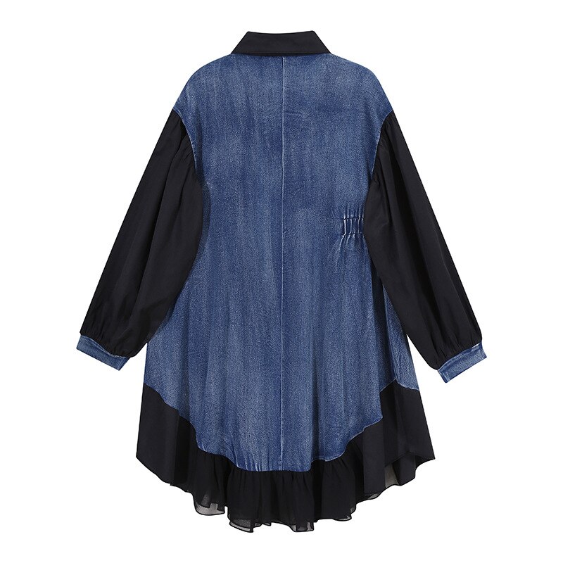 Superaen mesh lapptäcke denim klänning för kvinnor höst koreansk stil plus size lös