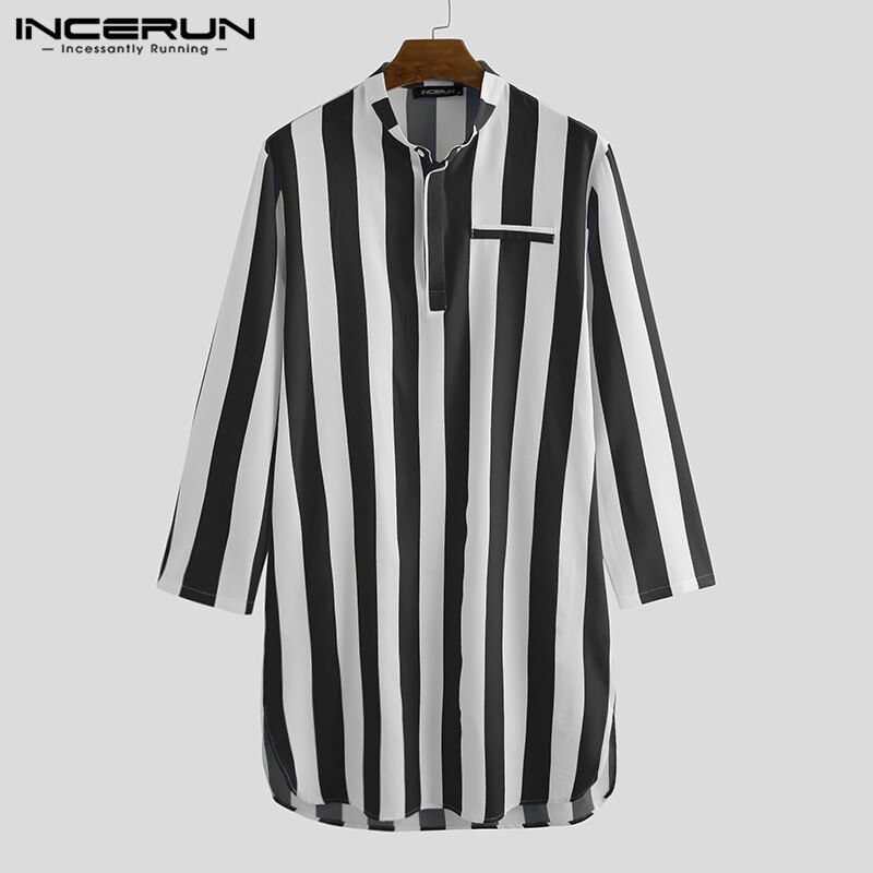 Män randiga kläder långärmad ställning krage långa skjortor man fritidsfickor kurta muslin kaftan mantel indiska kläder: Svart / 5xl
