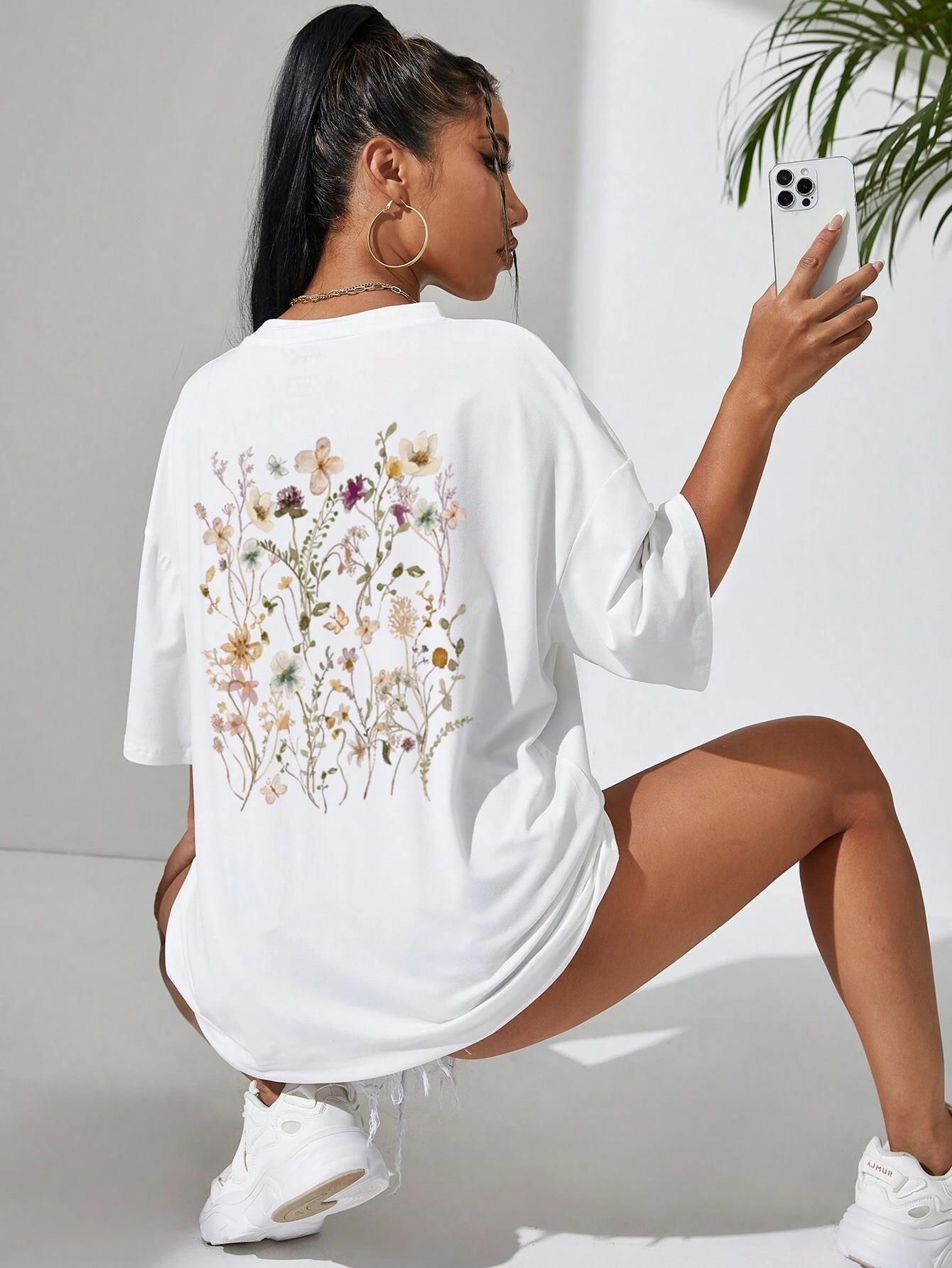 Lindas clusters de flores estampadas de algodão camisetas femininas casuais respiráveis macias manga curta tops soltos e confortáveis roupas de rua: M / Bege