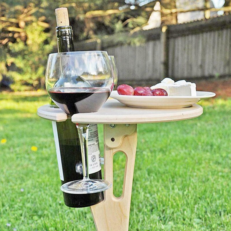 Outdoor Wine Table Portable Desktop Foldable Round Desktop Mini Wooden Picnic Table Easy Carry Wine Rack Support