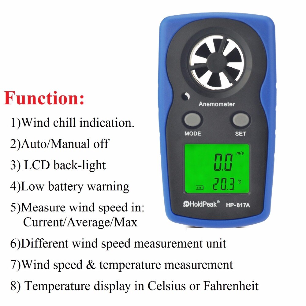 HoldPeak HP-817A Digital Anemometer 30m/s LCD Wind Speed Measurement Wind Device Handheld Anemometro Measure tools