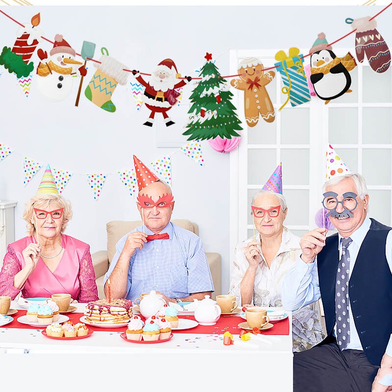 1set Christmas Banner Paper Hanging Flags Cartoon Santa Claus Snowman Deer Xmas Tree Bunting Garland Merry Christmas Decorations