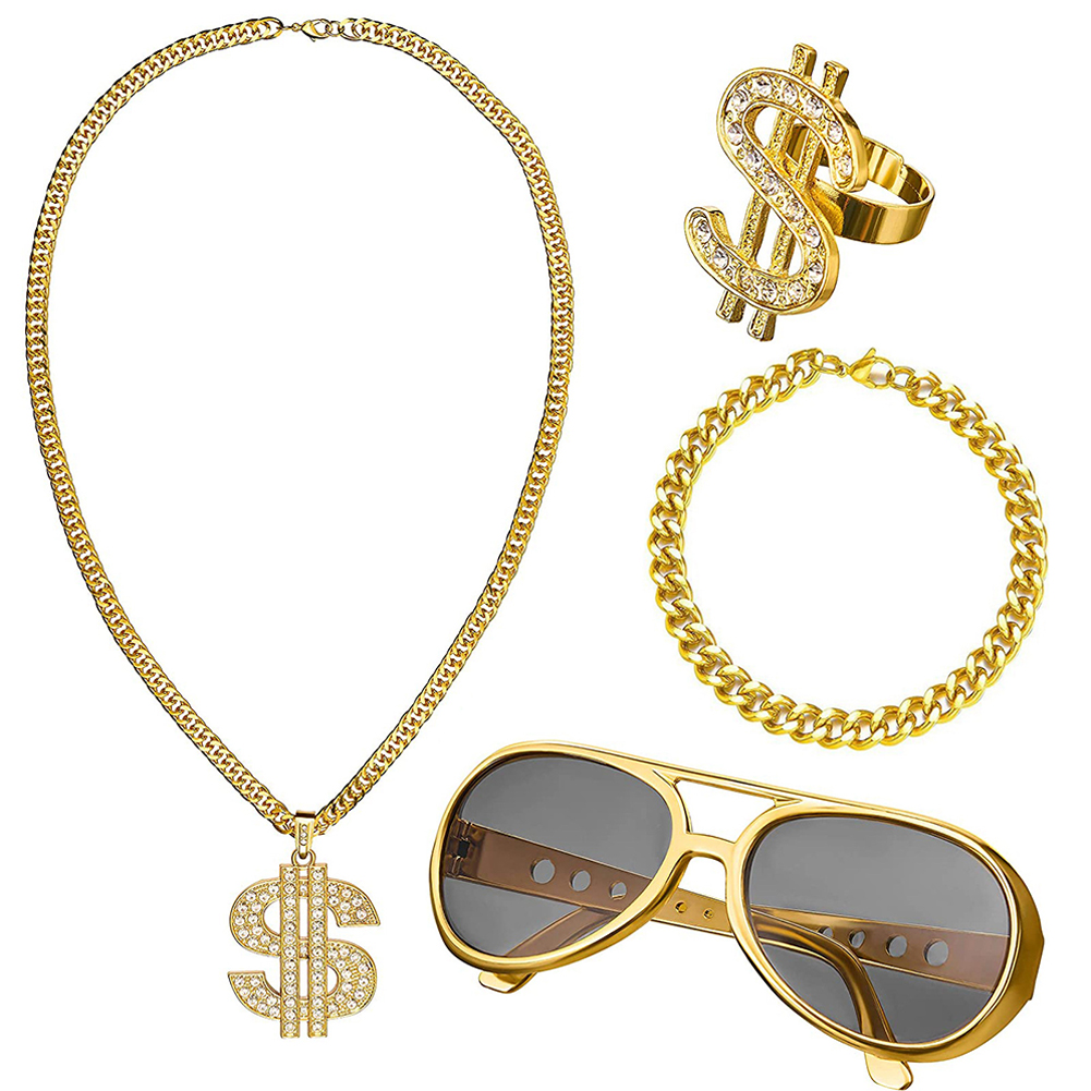 80s 90s Costume Outfit Set Hip-Hop Flamboyant Punk Dollar Sign Ring Hip Hop Star Glasses Bracelet Costume Kit for Boys Girls: Red