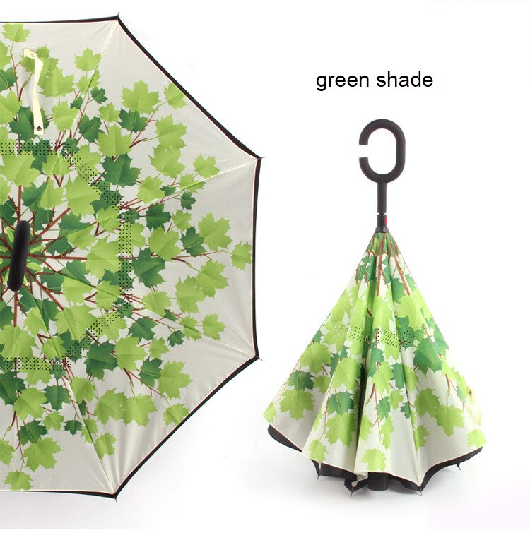 Paraguas plegable inverso resistente al viento, paraguas para hombre y mujer para lluvia y sol, paraguas con mango en C invertido, soporte autónomo para Anti UV de doble capa: green leaf