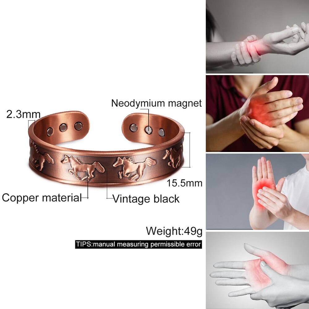 Pure Copper Magnetic Bracelet Arthritis Adjustable Horse 15.5MM Wide Therapeutic Magnetic Bracelet Benefits Copper Bangle Men