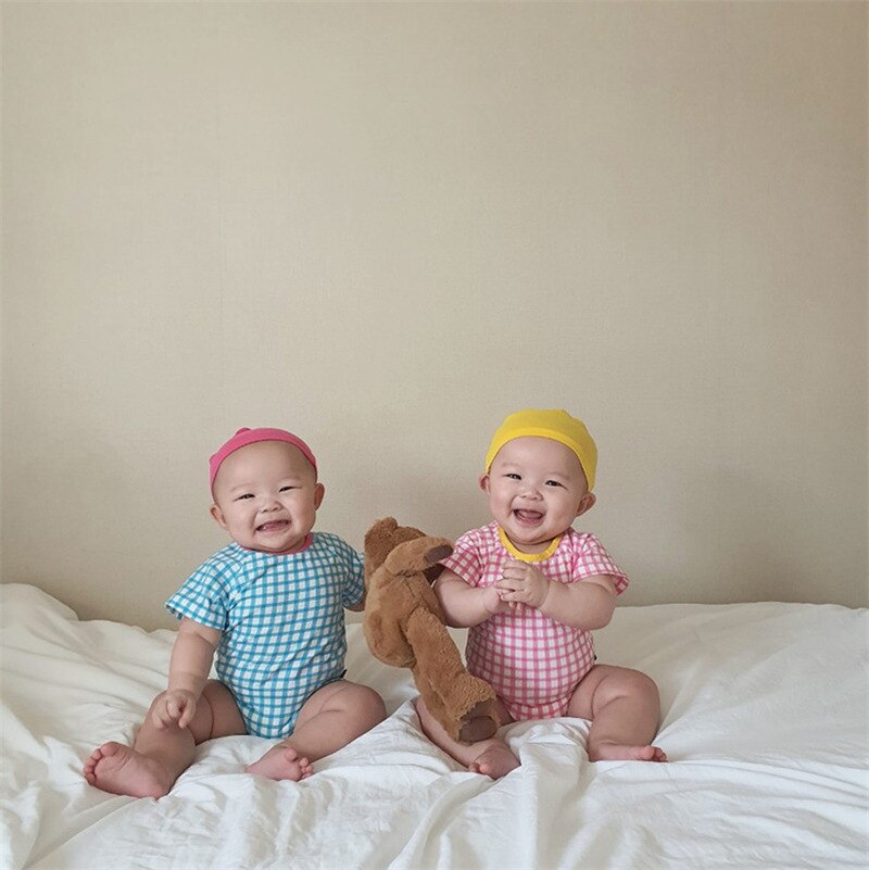 3731 zomer babykleding met korte mouwen, snoepkleurige ruitjes, kruipkleding, romper en muts voor 1 jaar oud voor meisjes en jongens