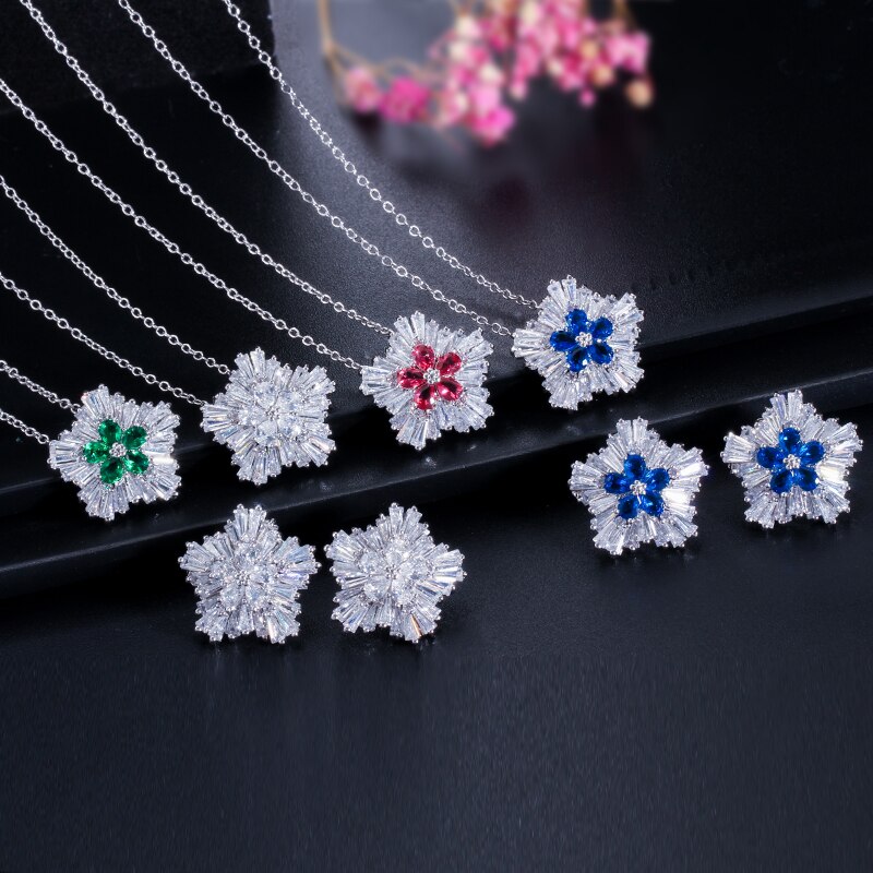 Cwwzircons Dames Mode-sieraden Aaa Zirconia Sneeuw Bloem Hanger Ketting Earring Sets Voor Vrouwen T208