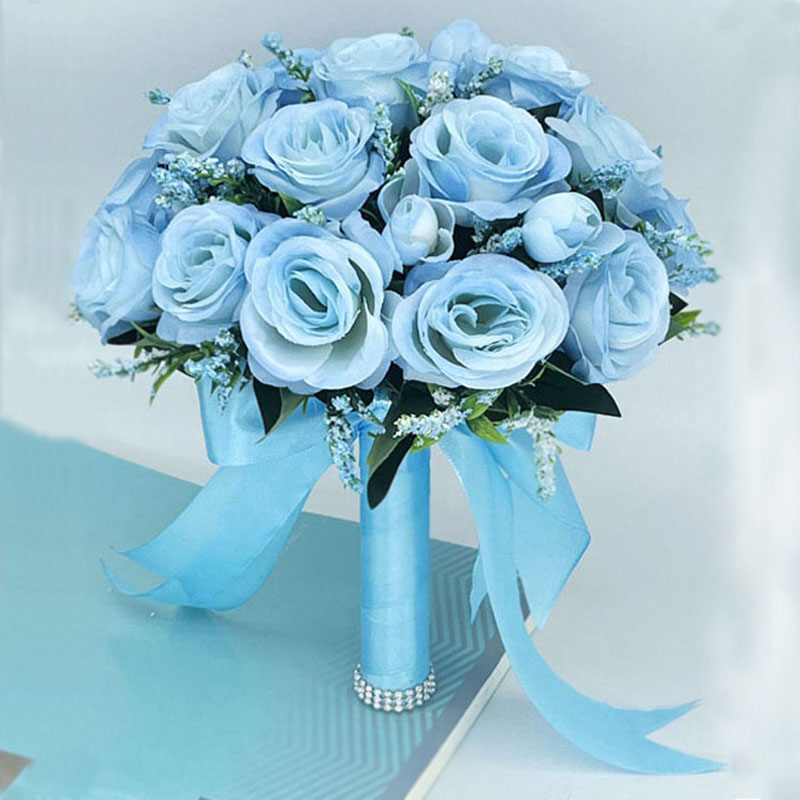 Ramo de novia, flores, accesorios de boda para dama de honor, rosas artificiales azules, ramos de novia, decoración de boda