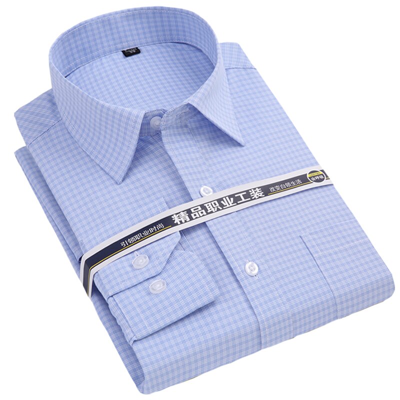 Light Blue Plaid Shirt For Men Long Sleeve Dress Shirts Regular Fit Checked Male Clothing Chest Pocket