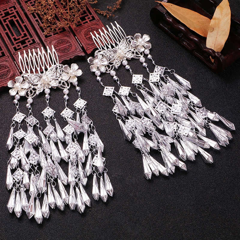 Hanfu-coiffure rétro, accessoires pour cheveux longs multicouches, petits bijoux, frange fraîche, Imitation argent Miao, peigne