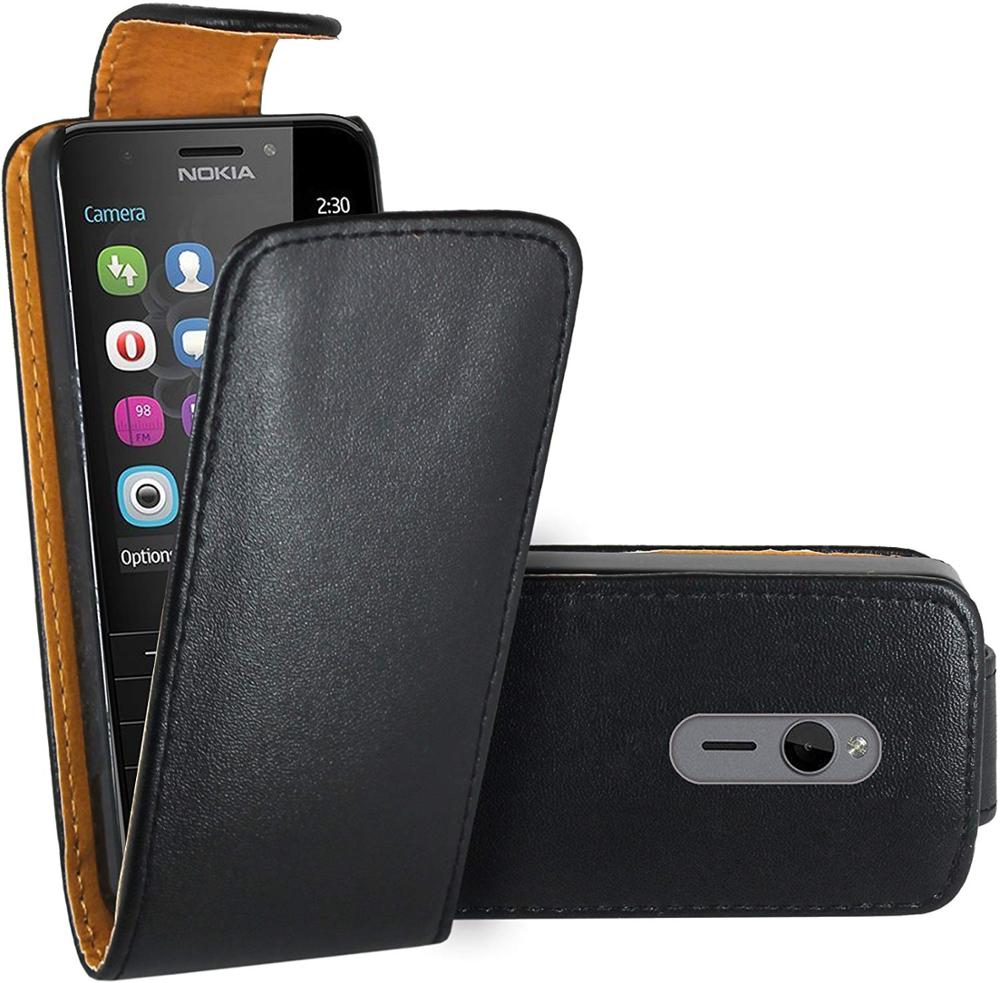 Funda bolsa de piel para Nokia 230 / Nokia 230, Funda de cuero Premium con tapa negra, Dual Sim