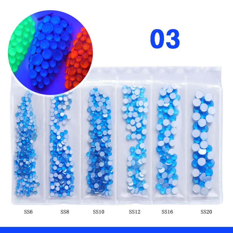 Diamantes de imitación fluorescentes para decoración de uñas, gemas de neón de tamaño mixto, arte de uñas, diamantes 3D, decoraciones DIY, 6 rejillas: 03 Blue
