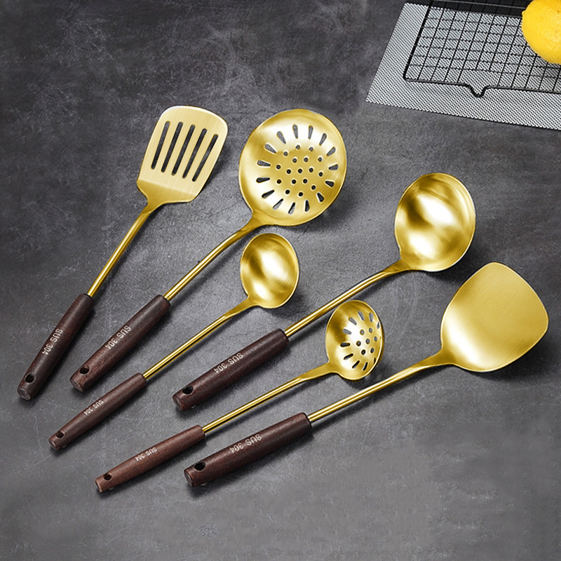 6 PCS Cooking Utensils Golden Stainless Steel Kitchenware Set With Wooden Handle Household Kitchen Cookware Sets Pot Accessories