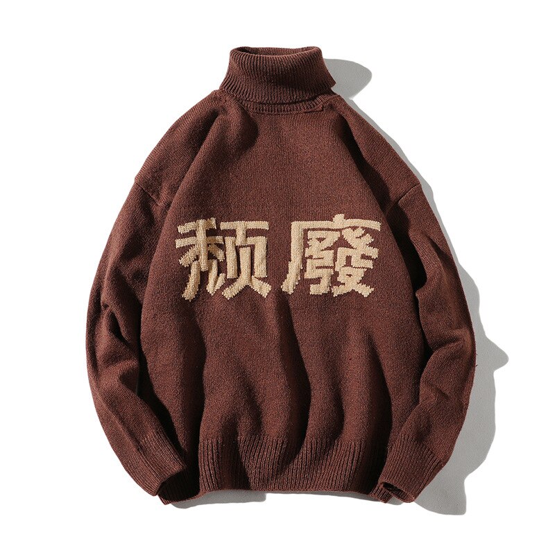 Icpans høyhalset genser herre genser bomull ull japansk stil genser pullovere mannlig hofte hopp streetwear høst vinter: er003 brune / M